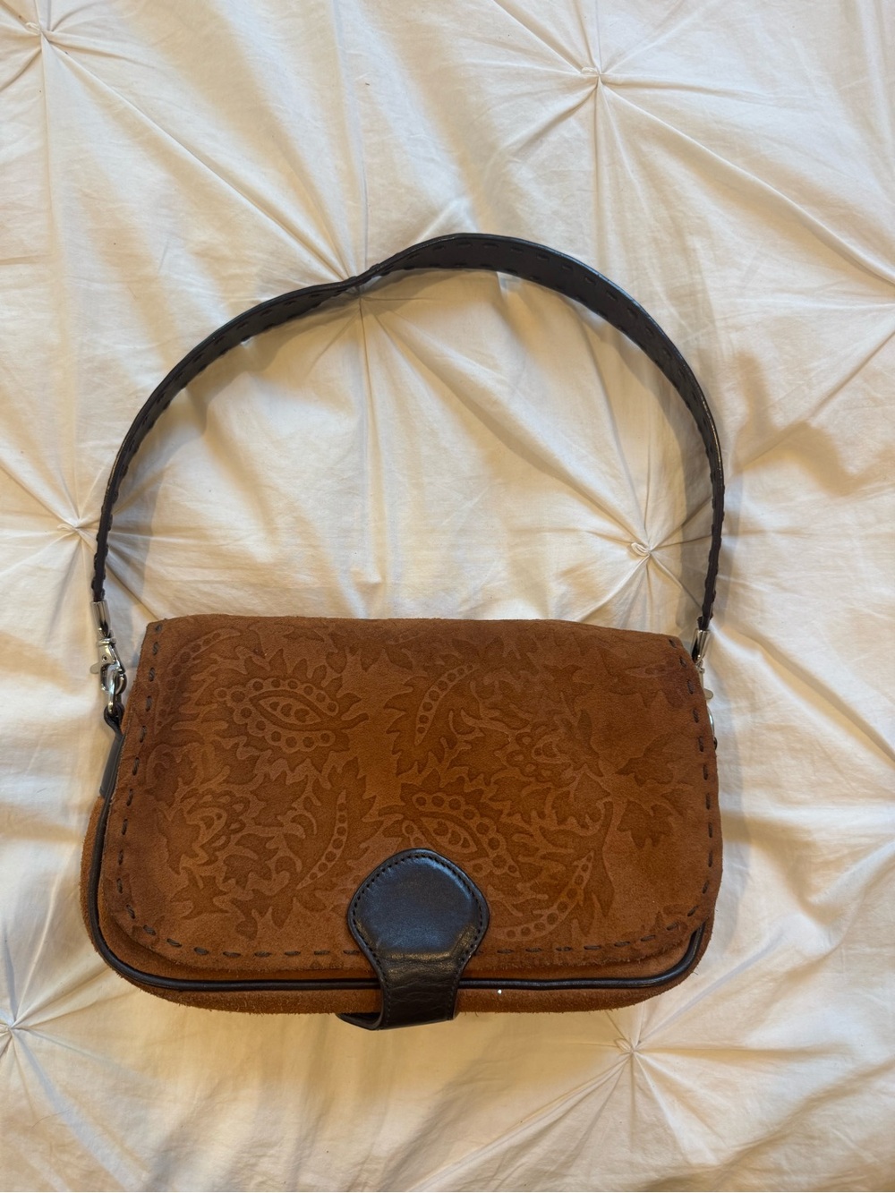The Limited Brown Suede Floral-Embossed Shoulder Bag with Dark Trim